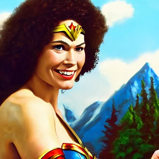 Image similar to a closeup photorealistic photograph of bob ross working on a canvas painting of wonder woman. film still. brightly lit scene. mountains and trees. this 4 k hd image is trending on artstation, featured on behance, well - rendered, extra crisp, features intricate detail, epic composition and the style of unreal engine.