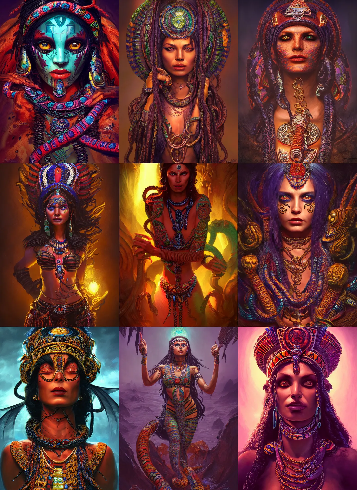 Prompt: Aztec goddess of serpents, vivid colors, dark shadows, contrast, concept art, sharp focus, digital art, Hyper-realistic, 4K, Unreal Engine, Highly Detailed, Dramatic Lighting, Beautiful, by Brom, bastien lecouffe-deharme