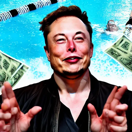 Image similar to Photography of elon musk swimming in a pool full of wads of cash cash money money money money money