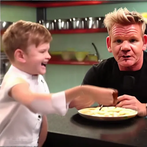 Image similar to Gordon Ramsay eating beans, while children point and laugh at him, bullying, cruel kids