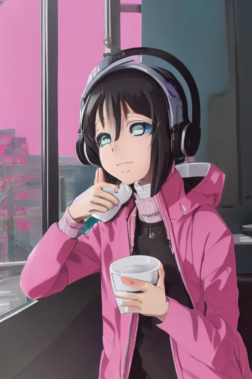 Prompt: anime girl wearing pink jacket and cat ear headphones having coffee at a coffee shop in tokyo, aesthetic, wlop, digital painting, trending on artstation, highly detailed, epic composition, 8 k uhd