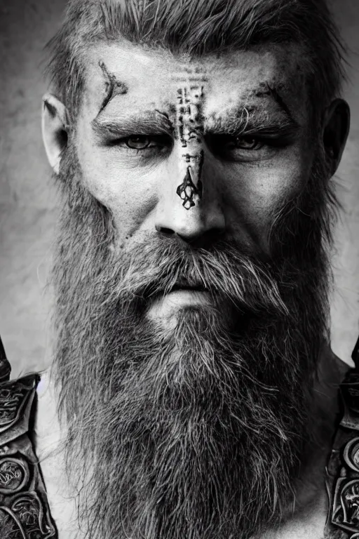 Prompt: a cinematic view of wide photo from a very ornated old wizard viking berseker, half shaved haircut, showing nordic tattoos in the chest, scars in the face, long beard, using leather armour with necklace of teeth, photorealistic, volummetric light, detailed, texturized, zeiss lens high professional mode