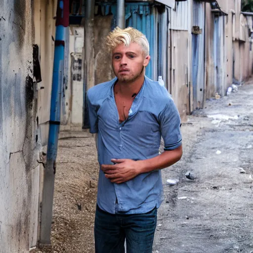 Prompt: A photo of a man, clean blonde hair, clear eyes, dirty, blue shirt shirt, front alley, scars, trash barrels