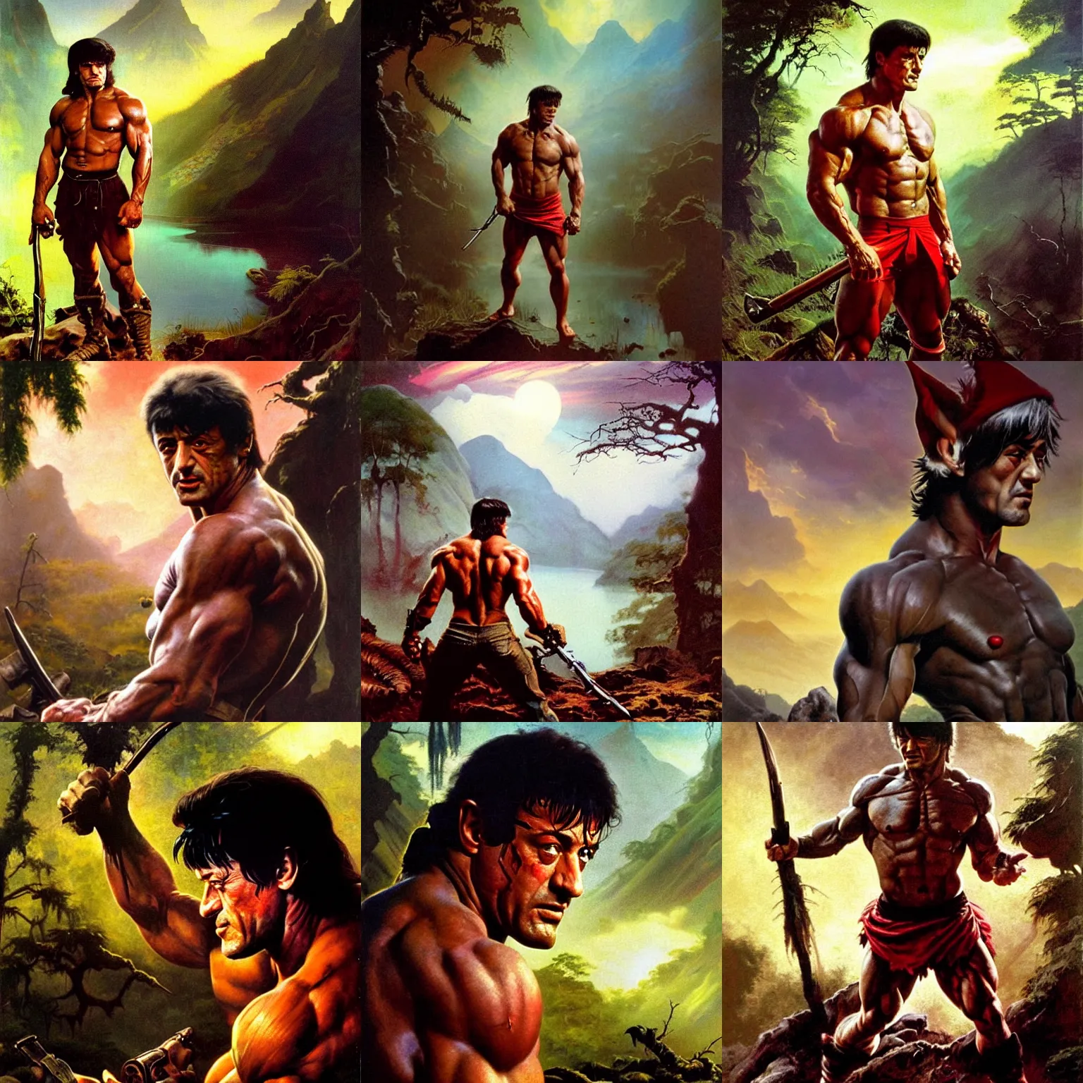 Prompt: frazetta portrait of bruised sylvester stallone as rambo elf with very detailed dark eyes and backlit head , in background dark foggy backlit jungle with lake, backlit graveyards and muscular oversized skeleton silhouette backlit, cyan atmosphere , very detailed oil painting by frazetta with visible brushmarks, dramatic clouds , sunset red panorama