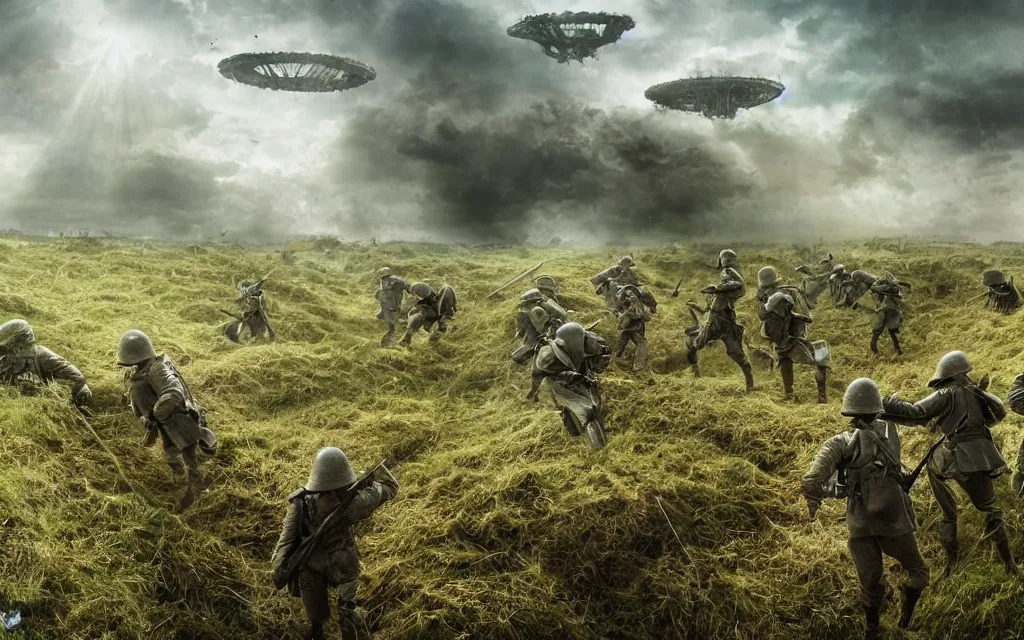 Image similar to fight ww 1, deep trenches with fortifications, natural landscape, green and blue tones, soldiers fighting against aliens from edge of tomorrow, realistic people, ground explosion in the background, alien mothership in the sky, hyper realistic, highly detailed, dramatic lighting, raytarced, god rays, 4 k, 8 k, art by artgem