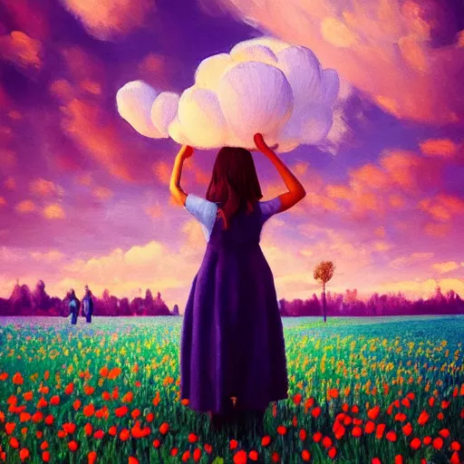 Image similar to girl with a single giant tulip as a head, surreal photography, flower field, sunset dramatic light, impressionist painting, colorful clouds, blue sky, digital painting, artstation, simon stalenhag