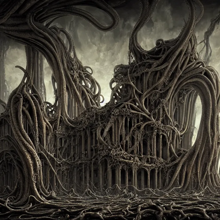 Prompt: ribbed surreal melting abandoned giant building, baroque painting, covered with tentacles, roots, standing in a desolate empty wasteland, creepy, nightmare, dream-like heavy atmosphere, surreal abandoned buildings, beautiful detailed intricate insanely detailed octane render trending on Artstation, 8K artistic photography, photorealistic, chiaroscuro, Raphael, Caravaggio, Beksinski, Giger