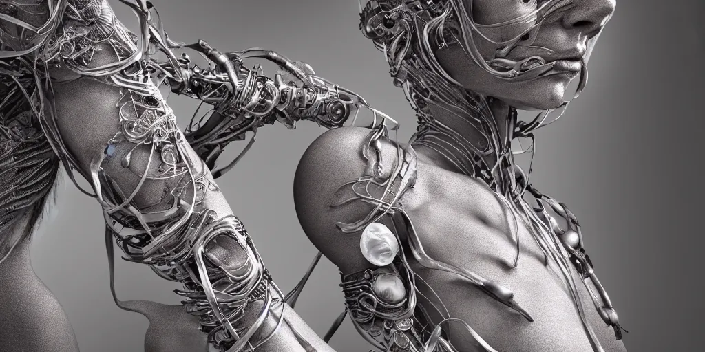 Prompt: hyper realistic photography of a stunningly beautiful cyborg female, plated arm, intimate, chest, holding close, ribbons, in the style of beth cavener, jin kagetsu,, and wlop, highly detailed, intricate filigree, symmetry, masterpiece, award winning, sharp focus, concept art, highkey lighting, ambient lighting, octane render, 8 k, artstation