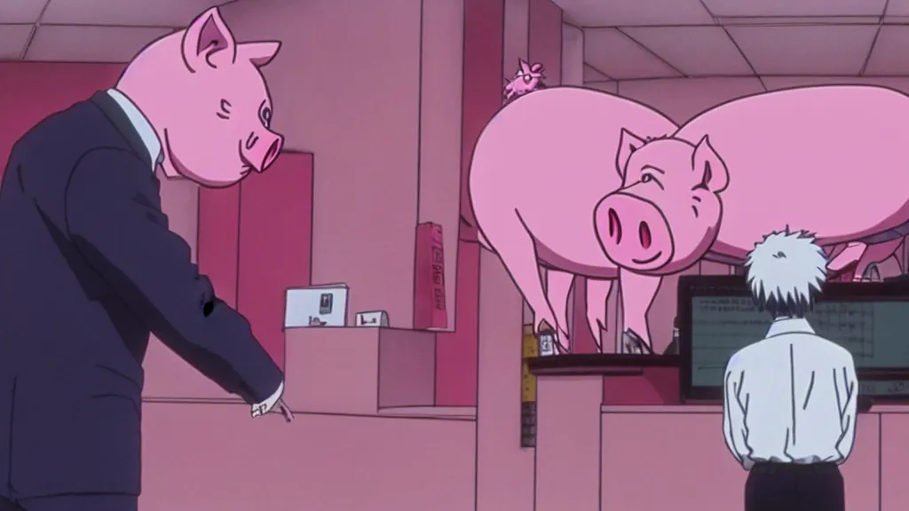 Prompt: a man wearing a pink suit and a pink pig mask working at a stock exchange, anime film still from the an anime directed by Katsuhiro Otomo with art direction by Salvador Dalí, wide lens