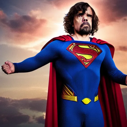 Image similar to stunning awe inspiring peter dinklage as superman, movie still 8 k hdr atmospheric lighting