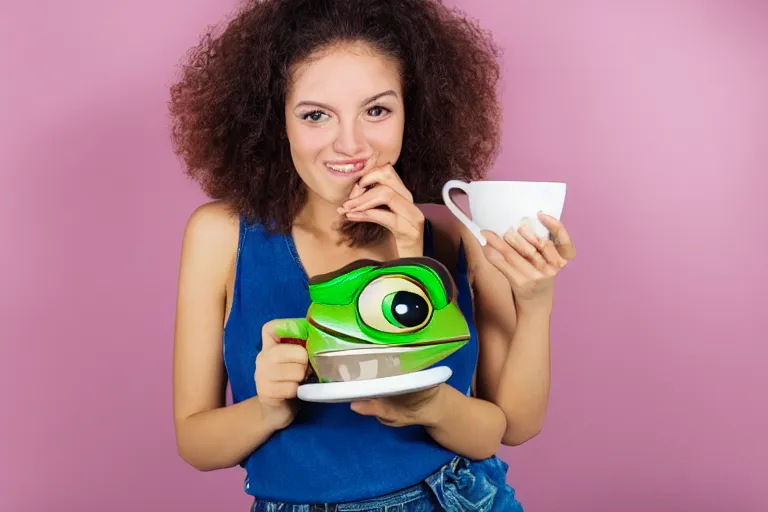 Image similar to girl on a date with pepe the frog drinking coffee, 8 0 s style, studio photo, natural lighting