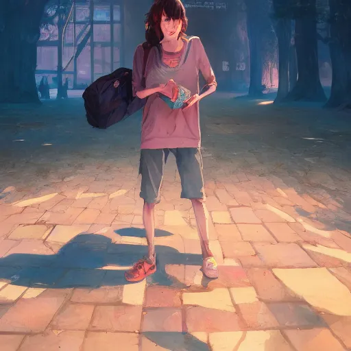 Prompt: Highly detailed full-body portrait of homeless Cristin Milioti, beautiful, fantasy art by Greg Rutkowski, Rhads, Makoto Shinkai and Lois van baarle, ilya kuvshinov, rossdraws global illumination, radiant light, detailed and intricate environment