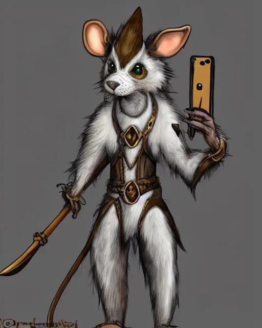 Image similar to a full body shot of an anthro furry rat wearing a fantasy armor making a selfie, fantasy, artstation, furry art, furaffinity, deviantart, symmetrical, highly detailed, award winning, trending