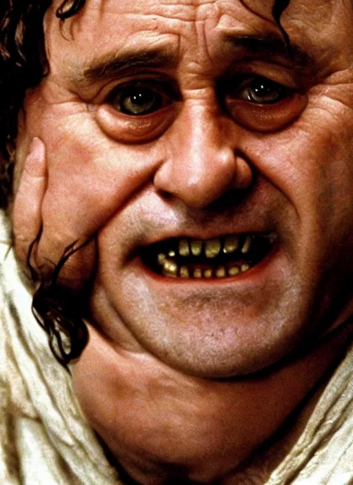 Image similar to the lord of the ring stills face closeup Frodo Baggins played by Danny DeVito with the one ring directed by peter jackson