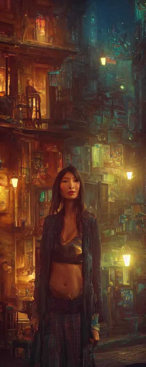 Image similar to portrait of tavern bard gemma chan infront of tiny, narrow dark streets with exotic dancers, exterior, two stories, vaporwave aesthetics, 8 k uhd, unreal engine, octane render in the artstyle of finnian macmanus, john park and greg rutkowski