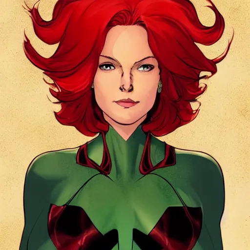 Prompt: Portrait of Jean Grey, a beautiful woman in her 30s, with red hair and green eyes, symmetrical face, detailed features, delicate features, warm and gentle smile, artstation, graphic novel, art by Chris Bachalo and Olivier Coipel,