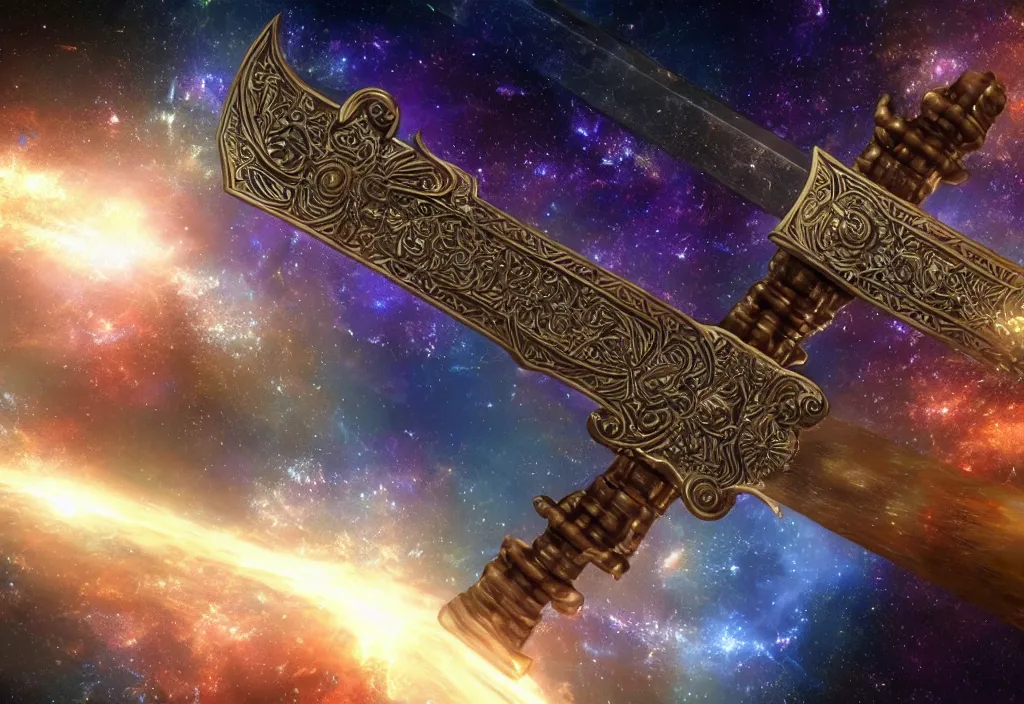 Image similar to a holographic intricate metal sacred sword floating in space reflecting the universe, intricate unreal engine 5 creation