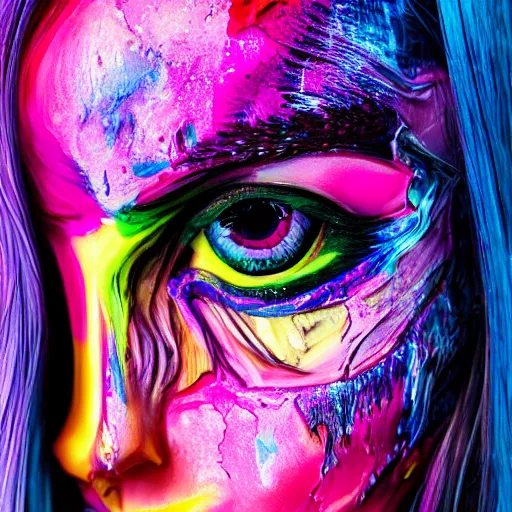 Image similar to melted batman, colorful, modelsociety, radiant skin, huge anime eyes, RTX on, perfect face, intricate, Sony a7R IV, symmetric balance, polarizing filter, Photolab, Lightroom, 4K, Dolby Vision, Photography Award