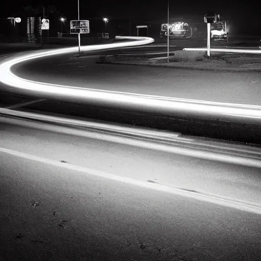 Image similar to A stunningly beautiful award-winning 8K high angle close up cinematic movie photograph of a spooky foggy empty lightless moonlit main intersection in an abandoned 1950s small town at night, by David Fincher and Darius Khonji. perfect composition, shot from roofline, moody low key backlit. Color palette from Seven, greens yellows and reds. 2 point perspective, high angle from 15 feet off the ground. Octane render