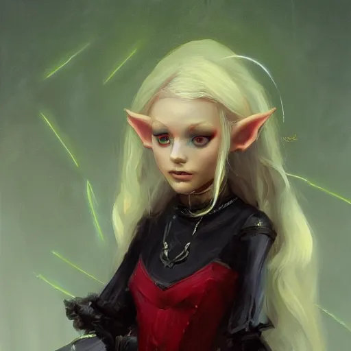 Prompt: a painting of an female elf wearing a black dress with blonde hair and red eyes. by edward robert hughes and craig davison and tooth wu and wlop and beeple and greg rutkowski. trending on artstation, highly detailed, volumetric lightning