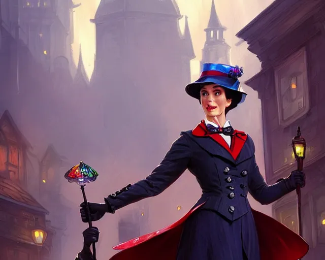 Image similar to mary poppins being arrested by police, deep focus, d & d, fantasy, intricate, elegant, highly detailed, digital painting, artstation, concept art, matte, sharp focus, illustration, hearthstone, art by artgerm and greg rutkowski and alphonse mucha