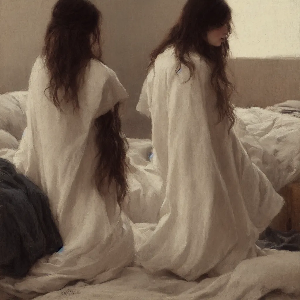 Image similar to girl with long wavy hair, in kimono, backview, sitting on edge of bed, by jeremy lipking, serge marshennikov, joseph todorovitch