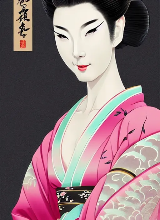 Prompt: glamorous and sexy Geisha in an ancient japanese temple, beautiful pale makeup, pearlescent skin, seductive eyes and face, elegant, lacivious pose, very detailed face, highly detailed kimono, ancient japanese temple on the background, photorealism, a portrait by behance hd artstation by Jesper Ejsing, by RHADS, Makoto Shinkai and Lois van baarle, ilya kuvshinov, rossdraws