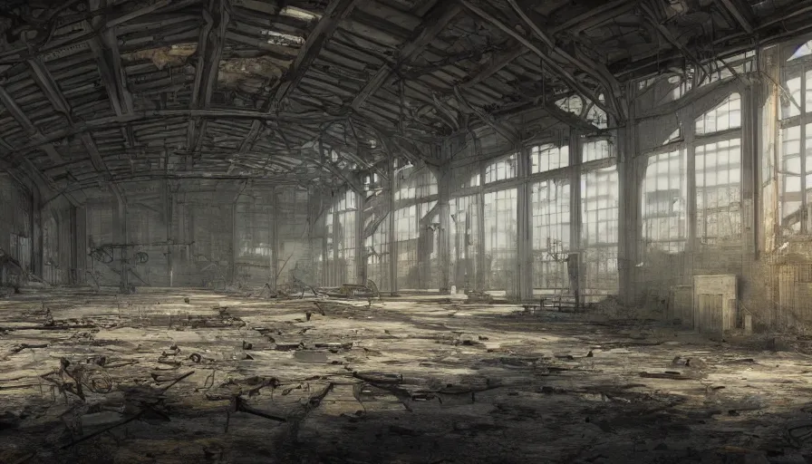 Image similar to Interior of a dusty old abandoned military warehouse, hyperdetailed, artstation, cgsociety, 8k