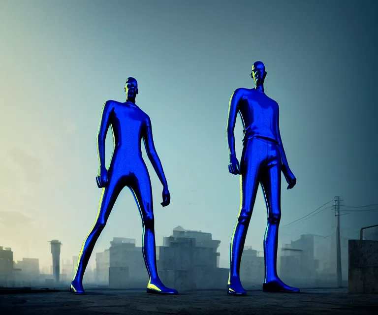 Image similar to tall man consisting of blue translucent shiny material and steel stripes, standing in ruins in the evening. extremely high details, solo, masterpiece, photorealistic, hyperrealism, cinematic, fantasy, octane render, volumetric lighting, depth of field, bokeh, cgsociety by ed binkley, johannen voss, dragan bibin