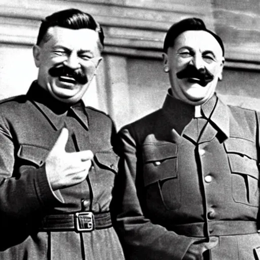 Image similar to stalin laughing along hitler in a ww 2 photograph