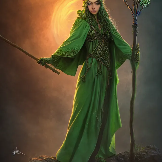 Image similar to beautiful elemental earth witch with ornate green robes and staff, highly detailed, 4 k, hdr, smooth, sharp focus, high resolution, award - winning photo, artgerm, photorealistic