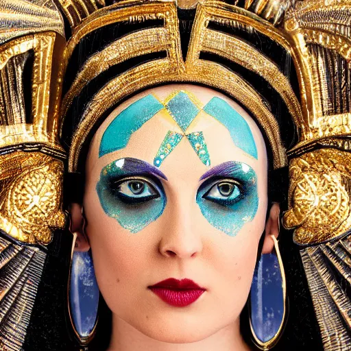 Prompt: closeup of elaborate art deco face paint on gorgeous byzantine noble wearing dress made of gold chains, famous science fiction book cover by Carvaggio and Rembrandt and Barlowe