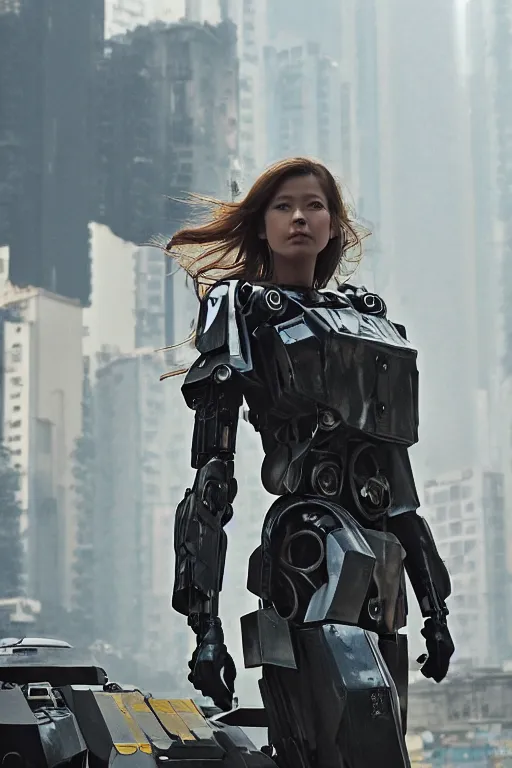 Prompt: portrait cinematography of beautiful young female, clothed in sci-fi military armor, long hair blowing in the wind. Giant mechs in the streets of Hong Kong. by Roger Deakins