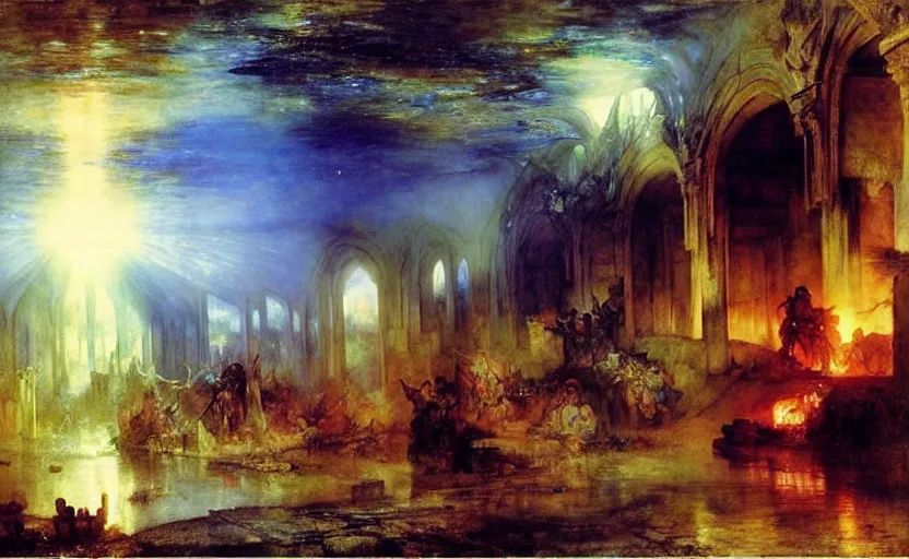 Prompt: the destruction of the elven city, blue light, blue tones. by henriette ronner - knip, by william henry hunt, by rembrandt, by joseph mallord william turner, by konstantin razumov, concept art,