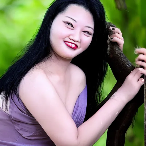 Prompt: zi di had a head of curvy black hair, and her pale skin glistened with sweat, giving her a delicate appearance. her features were defined, and she had a beautiful smile beyond the ordinary. she had a slim body. the most attractive part of her was her big, purple eyes, shining like clear amethyst.