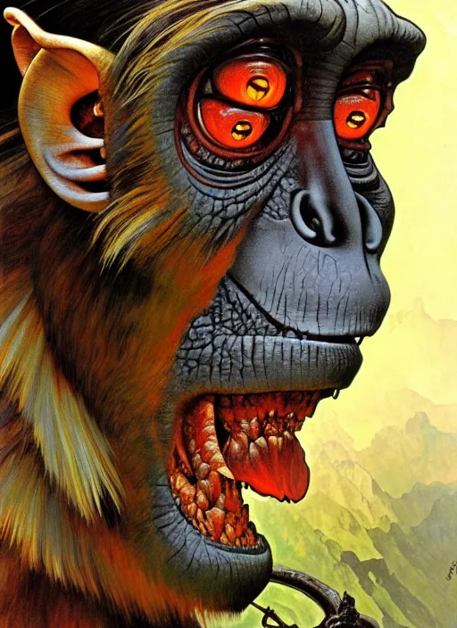 Image similar to close up portrait of a monster monkey in the scary mountains of hell, oil painting by tomasz jedruszek and alphonse mucha, cinematic lighting, pen and ink, intricate line, hd, 4 k, million of likes, trending on artstation