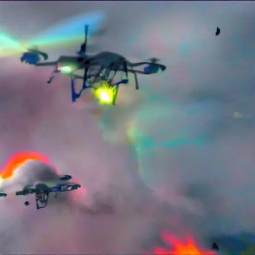 Image similar to combat drone strike war footage, ir, chromatic aberration!!!!!!!!!!!, broken camera colors, iridescent saturated infrared camera, very high contrast, nuclear cloud, high angle vertical