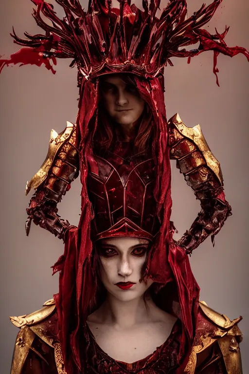 Image similar to the blood crown queen wear the scarlet armor, cinematic lighting, various refining methods, micro macro autofocus, ultra definition, award winning photo