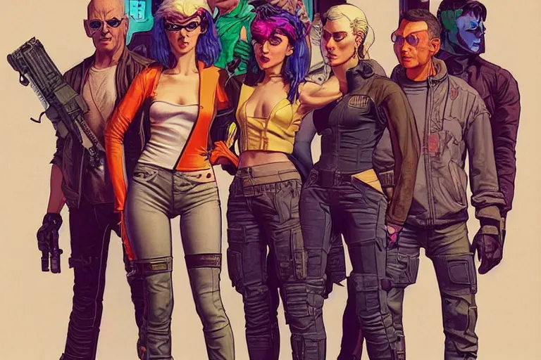 Prompt: cyberpunk heist crew. portrait by stonehouse and mœbius and will eisner and gil elvgren and pixar. character design. realistic proportions. dystopian. cyberpunk 2 0 7 7 character art, blade runner 2 0 4 9 concept art. cel shading. attractive face. thick lines. the team. diverse characters artstationhq..