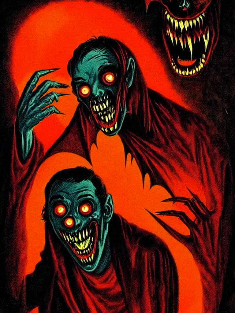 Prompt: Vibrant Colorful Vintage Horror Illustration of a Vampire Turning into a Bat. Glowing , Spooky lighting , Pinterest