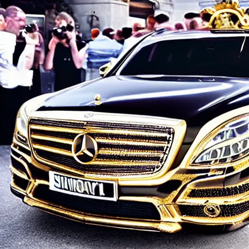 Image similar to an extremely luxurious golden mercedes adorned with diamonds