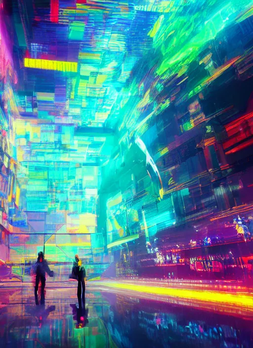 Prompt: cinematic shot cyberspace of creativity, very large floating holographic videos, hyper realistic, mood lighting, fantasy, detailed happy people creating colorful diverse art, highly detailed, super realistic, perfect lighting pixel sorting, style sheet