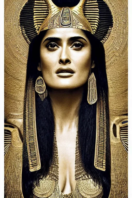 Image similar to Portrait of Salma Hayek as Cleopatra, intricate art deco leaf designs, elegant, highly detailed Egyptian patterns, hieroglyph, sharp focus, art by Artgerm and beeple