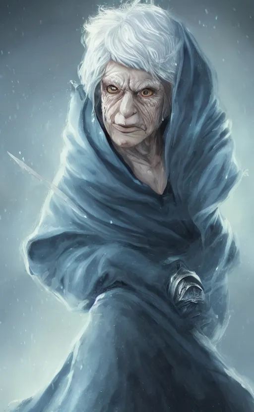 Image similar to an older woman with silver hair and piercing blue eyes. she's wearing a dark, hooded cloak and looks like she knows her way around a sword, dynamic lighting, photorealistic fantasy concept art, trending on art station, stunning visuals, creative, cinematic, ultra detailed