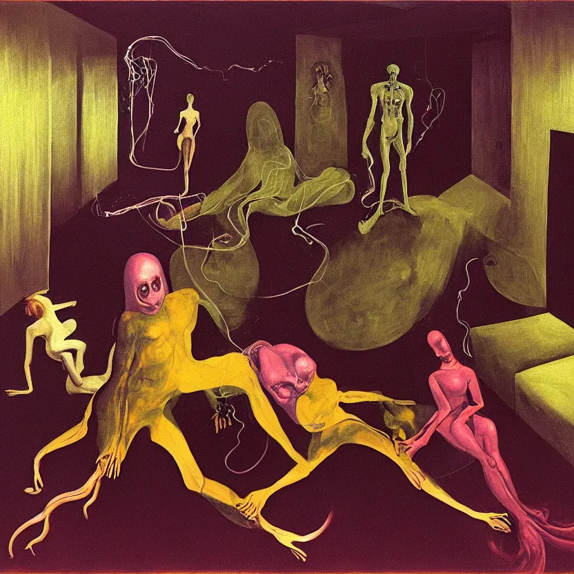 Prompt: Man and woman start to bounce in a living room of a house, floating dark energy surrounds the middle of the room. There is one living room plant to the side of the room, surrounded by a background of dark cyber mystic alchemical transmutation heavenless realm, cover artwork by francis bacon and Jenny seville and beksinski and victor brauner, midnight hour, part by adrian ghenie, part by jeffrey smith, part by josan gonzales, part by norman rockwell, part by phil hale, part by kim dorland, artstation, highly detailed