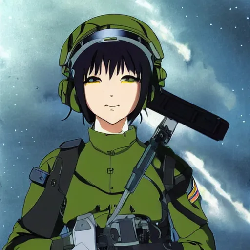 Image similar to an anime girl soldier, sci-fi, angry, anime by Studio Ghibli