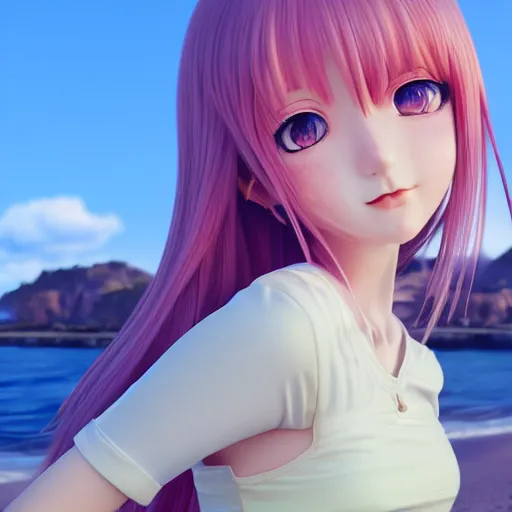 Image similar to Render of a beautiful 3d anime woman, long pink hair, full bangs, hazel eyes, cute freckles, full round face, soft smile, Chinese heritage, cute checkerboard sundress, golden hour, serene beach setting, medium shot, mid-shot, hyperdetailed, trending on Artstation, Unreal Engine 4k
