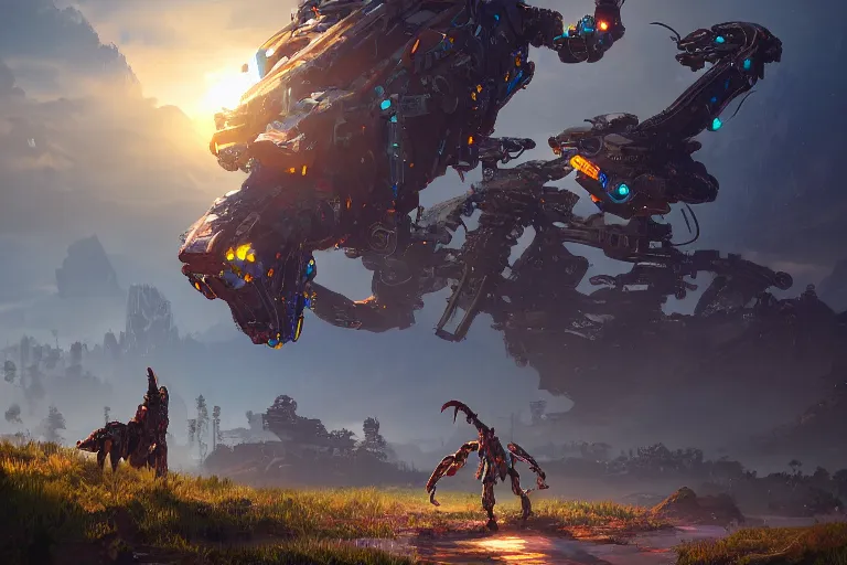 Image similar to slitherfang machine mecanical creature robot of horizon forbidden west horizon zero dawn radiating a glowing aura global illumination ray tracing hdr fanart arstation by ian pesty and alena aenami artworks in 4 k