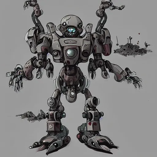 Image similar to sci - fi mecha cute zombie character concept design ， trending on artstation ， by neil blevins and andreas rocha and tuomas korpi, - h 8 9 6