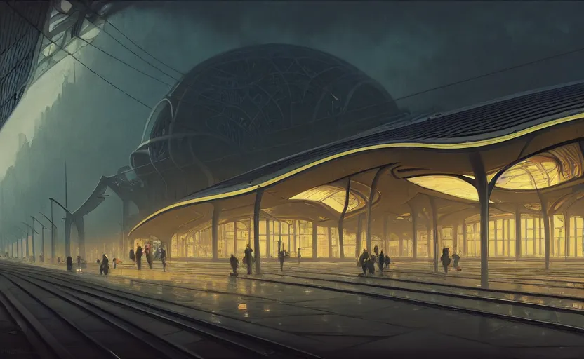 Image similar to exterior shot of utopian train station with cinematic lighting by zaha hadid and renzo piano, darek zabrocki and greg ruthkowski, alphonse mucha, simon stalenhag, cinematic, holy place, paradise, scifi, futurism, atmospheric, dusk, concept art, artstation, trending on artstation